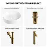 Накладная раковина для ванной 45 см Wellsee Belle Spa 2.0 20212531R в наборе 4 в 1: раковина (белый глянец), донный клапан, сифон, смеситель (цвет набора золото)
