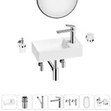 Маленькая раковина в туалет Wellsee WC Area 20218115R в наборе 7 в 1: узкая мини-раковина 41 см (матовый белый), донный клапан, сифон, смеситель, вентили, зеркало, аксессуары (хром)
