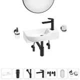 Подвесная мини раковина в туалет Lavinia Boho Sink 20219644R в наборе 7 в 1: настенная раковина 45 см (белый глянец), донный клапан, сифон, смеситель, вентили, зеркало, аксессуары (матовый черный)