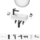 Мини раковина в туалет подвесная Lavinia Boho Sink 20219728R в наборе 7 в 1: узкая раковина маленькая 43 см (белый глянец), донный клапан, сифон, смеситель, вентили, зеркало, аксессуары (черный)