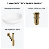 Накладная раковина для ванной 50 см Wellsee Air Gap R 20212395R в наборе 3 в 1: раковина (белый глянец), донный клапан, сифон (цвет набора золото)