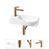 Подвесная мини раковина в туалет Lavinia Boho Sink 20216087R в наборе 4 в 1: настенная раковина 45 см (белый глянец), донный клапан, сифон, смеситель (цвет набора золото)