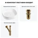 Накладная раковина для ванной Wellsee Belle Spa 3.0 20212695R в наборе 3 в 1: раковина 45 см (белый глянец), донный клапан, сифон (цвет набора золото)