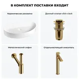 Накладная раковина для ванной 65 см Wellsee Belle Spa 2.0 20212615R в наборе 4 в 1: раковина (белый глянец), донный клапан, сифон, смеситель (цвет набора золото)