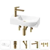 Подвесная мини раковина в туалет Lavinia Boho Sink 20216091R в наборе 5 в 1: настенная раковина 45 см (белый глянец), донный клапан, сифон, смеситель, вентили (цвет набора золото)