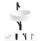 Накладная раковина для ванной 50 см Lavinia Boho Sink 20215072R в наборе 4 в 1: узкая раковина (белый глянец), донный клапан, сифон, смеситель (цвет набора матовый черный)