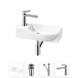 Подвесная мини раковина в туалет Lavinia Boho Sink 20216085R в наборе 4 в 1: настенная раковина угловая 45 см (белый глянец), донный клапан, сифон, смеситель (цвет набора хром)