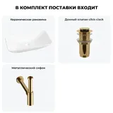 Низкая накладная раковина для ванной Wellsee Demure 20214589R в наборе 3 в 1: раковина 60 см (белый глянец), донный клапан, сифон (цвет набора золото)