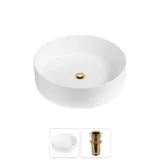 Маленькая раковина чаша для ванной Wellsee Coax 20213865R в наборе 2 в 1: накладная раковина 30 см (белый глянец), донный клапан в цвете золото