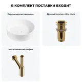 Маленькая раковина чаша для ванной Wellsee Coax 20213917R в наборе 3 в 1: накладная раковина 30 см (матовый белый), донный клапан, сифон (цвет набора золото)