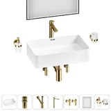 Накладная раковина для ванной 60 см Lavinia Boho Sink 20219343R в наборе 7 в 1: керамическая раковина (белый глянец), донный клапан, сифон, смеситель, вентили, зеркало, аксессуары (золото)
