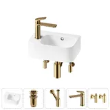 Маленькая раковина в туалет угловая Lavinia Boho Sink 20216539R в наборе 5 в 1: подвесная раковина мини 37 см (белый глянец), донный клапан, сифон, смеситель, вентили (золото)
