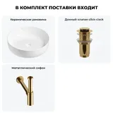 Накладная раковина для ванной Wellsee Belle Spa 3.0 20212639R в наборе 3 в 1: раковина 45 см (белый глянец), донный клапан, сифон (цвет набора золото)