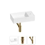 Маленькая раковина в туалет Wellsee WC Area 20213632R в наборе 3 в 1: узкая мини-раковина 41 см (матовый белый), донный клапан, сифон (цвет набора золото)