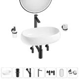 Накладная раковина для ванной 56 см Lavinia Boho Sink 20219262R в наборе 7 в 1: узкая раковина (белый глянец), донный клапан, сифон, смеситель, вентили, зеркало, аксессуары (матовый черный)