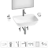 Подвесная или накладная раковина для ванной Lavinia Boho Sink 20220537R в наборе 7 в 1: раковина 55 см (белый глянец), донный клапан, сифон, смеситель, вентили, зеркало, аксессуары (хром)