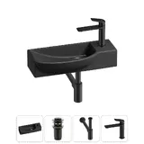 Подвесная мини раковина в туалет Lavinia Boho Sink 20216184R в наборе 4 в 1: настенная раковина угловая 50 см, донный клапан, сифон, смеситель (матовый черный)