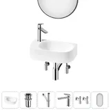 Маленькая раковина в туалет подвесная Lavinia Boho Sink 20219751R в наборе 6 в 1: узкая мини-раковина 40 см (белый глянец), донный клапан, сифон, смеситель, вентили 2 шт, зеркало (набор хром)