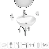 Накладная раковина для ванной 42 см Wellsee Cute Twin R 20218951R в наборе 7 в 1: раковина (белый глянец), донный клапан, сифон, смеситель, вентили 2 шт, зеркало, аксессуары (набор хром)