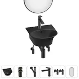 Подвесная раковина для ванной или туалета Lavinia Boho Sink 20219914R в наборе 6 в 1: маленькая раковина 34 см (матовый черный), донный клапан, сифон, смеситель, вентили, зеркало (матовый черный)