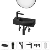 Подвесная мини раковина в туалет Lavinia Boho Sink 20219634R в наборе 6 в 1: настенная раковина 45 см, донный клапан, сифон, смеситель, вентили 2 шт, зеркало (матовый черный)