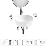 Накладная раковина для ванной Lavinia Boho Bathroom Sink 20219485R в наборе 7 в 1: раковина 42 см (белый глянец), донный клапан, сифон, смеситель, вентили, зеркало, аксессуары (хром)