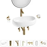 Накладная раковина для ванной 56 см Lavinia Boho Sink 20219263R в наборе 7 в 1: узкая раковина (белый глянец), донный клапан, сифон, смеситель, вентили, зеркало, аксессуары (золото)