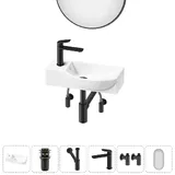 Подвесная мини раковина в туалет Lavinia Boho Sink 20219626R в наборе 6 в 1: настенная раковина 45 см (белый глянец), донный клапан, сифон, смеситель, вентили, зеркало (набор матовый черный)