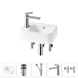 Маленькая раковина в туалет угловая Lavinia Boho Sink 20216537R в наборе 5 в 1: подвесная раковина мини 37 см (белый глянец), донный клапан, сифон, смеситель, вентили 2 шт (цвет набора хром)