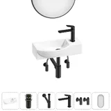 Подвесная мини раковина в туалет Lavinia Boho Sink 20219640R в наборе 6 в 1: настенная раковина 45 см (белый глянец), донный клапан, сифон, смеситель, вентили, зеркало (набор матовый черный)