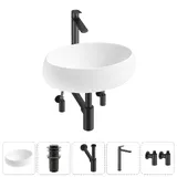 Накладная раковина для ванной 50 см Lavinia Boho Sink 20215076R в наборе 5 в 1: узкая раковина (белый глянец), донный клапан, сифон, смеситель, вентили (цвет набора матовый черный)