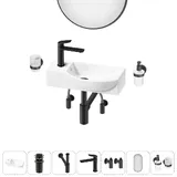Подвесная мини раковина в туалет Lavinia Boho Sink 20219630R в наборе 7 в 1: настенная раковина 45 см (белый глянец), донный клапан, сифон, смеситель, вентили, зеркало, аксессуары (матовый черный)