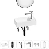 Маленькая раковина в туалет Wellsee WC Area 20218111R в наборе 6 в 1: узкая мини-раковина 41 см (матовый белый), донный клапан, сифон, смеситель, вентили, зеркало (цвет набора хром)