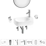 Маленькая раковина в туалет подвесная Lavinia Boho Sink 20219741R в наборе 7 в 1: узкая мини-раковина 40 см (белый глянец), донный клапан, сифон, смеситель, вентили 2 шт, зеркало, аксессуары (хром)