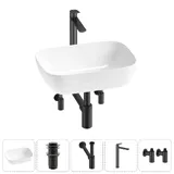 Накладная раковина для ванной 46 см Lavinia Boho Sink 20215204R в наборе 5 в 1: узкая раковина (белый глянец), донный клапан, сифон, смеситель, вентили (цвет набора матовый черный)