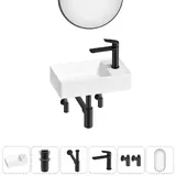 Маленькая раковина в туалет Wellsee WC Area 20218096R в наборе 6 в 1: узкая мини-раковина 41 см (белый глянец), донный клапан, сифон, смеситель, вентили, зеркало (цвет набора матовый черный)