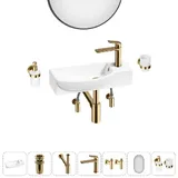 Подвесная мини раковина в туалет Lavinia Boho Sink 20219673R в наборе 7 в 1: настенная раковина 50 см (белый глянец), донный клапан, сифон, смеситель, вентили, зеркало, аксессуары (золото)