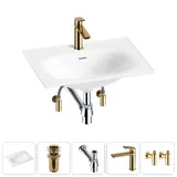 Врезная раковина для ванной Lavinia Boho Bathroom Sink 20217621R в наборе 5 в 1: раковина 60 см (белый глянец), донный клапан, сифон, смеситель, вентили (цвет набора золото)