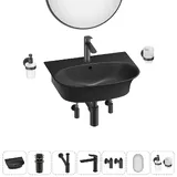 Подвесная раковина для ванной Lavinia Boho Sink 20219945R в наборе 7 в 1: керамическая раковина 55 см (матовый черный), донный клапан, сифон, смеситель, вентили, зеркало, аксессуары (матовый черный)