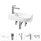 Подвесная мини раковина в туалет Lavinia Boho Sink 20216089R в наборе 5 в 1: настенная раковина 45 см (белый глянец), донный клапан, сифон, смеситель, вентили 2 шт (цвет набора хром)