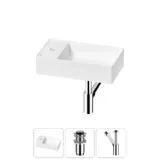 Маленькая раковина в туалет Wellsee WC Area 20213814R в наборе 3 в 1: узкая мини-раковина 41 см (матовый белый), донный клапан, сифон (цвет набора хром)