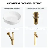 Накладная раковина для ванной Wellsee Belle Spa 3.0 20212643R в наборе 4 в 1: раковина 45 см (белый глянец), донный клапан, сифон, смеситель (цвет набора золото)
