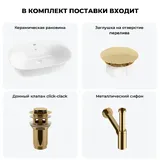 Подвесная раковина для ванной 60 см Wellsee Excellence Pro 20217066R в наборе 4 в 1: раковина (белый глянец), заглушка на перелив, донный клапан, сифон (цвет набора золото)