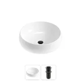 Раковина чаша для ванной накладная Lavinia Boho Bathroom Sink 20215032R в наборе 2 в 1: раковина 36 см (белый глянец), донный клапан в цвете матовый черный