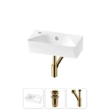 Мини раковина в туалет настенная Lavinia Boho Sink 20216447R в наборе 3 в 1: маленькая раковина угловая 40 см (белый глянец), донный клапан, сифон (цвет набора золото)