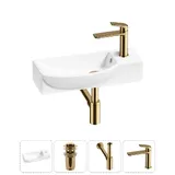 Подвесная мини раковина в туалет Lavinia Boho Sink 20216171R в наборе 4 в 1: настенная раковина 50 см (белый глянец), донный клапан, сифон, смеситель (цвет набора золото)