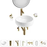 Раковина чаша для ванной накладная Lavinia Boho Bathroom Sink 20219247R в наборе 7 в 1: раковина 40 см (белый глянец), донный клапан, сифон, смеситель, вентили, зеркало, аксессуары (набор золото)