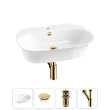 Подвесная раковина для ванной 60 см Wellsee Excellence Pro 20217066R в наборе 4 в 1: раковина (белый глянец), заглушка на перелив, донный клапан, сифон (цвет набора золото)