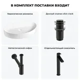 Накладная раковина для ванной 65 см Wellsee Belle Spa 2.0 20212614R в наборе 4 в 1: раковина (белый глянец), донный клапан, сифон, смеситель (цвет набора матовый черный)