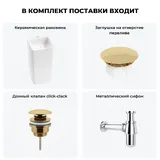 Напольная раковина для ванной Wellsee Callipy Art 20217241R в наборе 4 в 1: отдельностоящая раковина (белый глянец), заглушка на перелив, донный клапан, сифон (цвет набора золото)